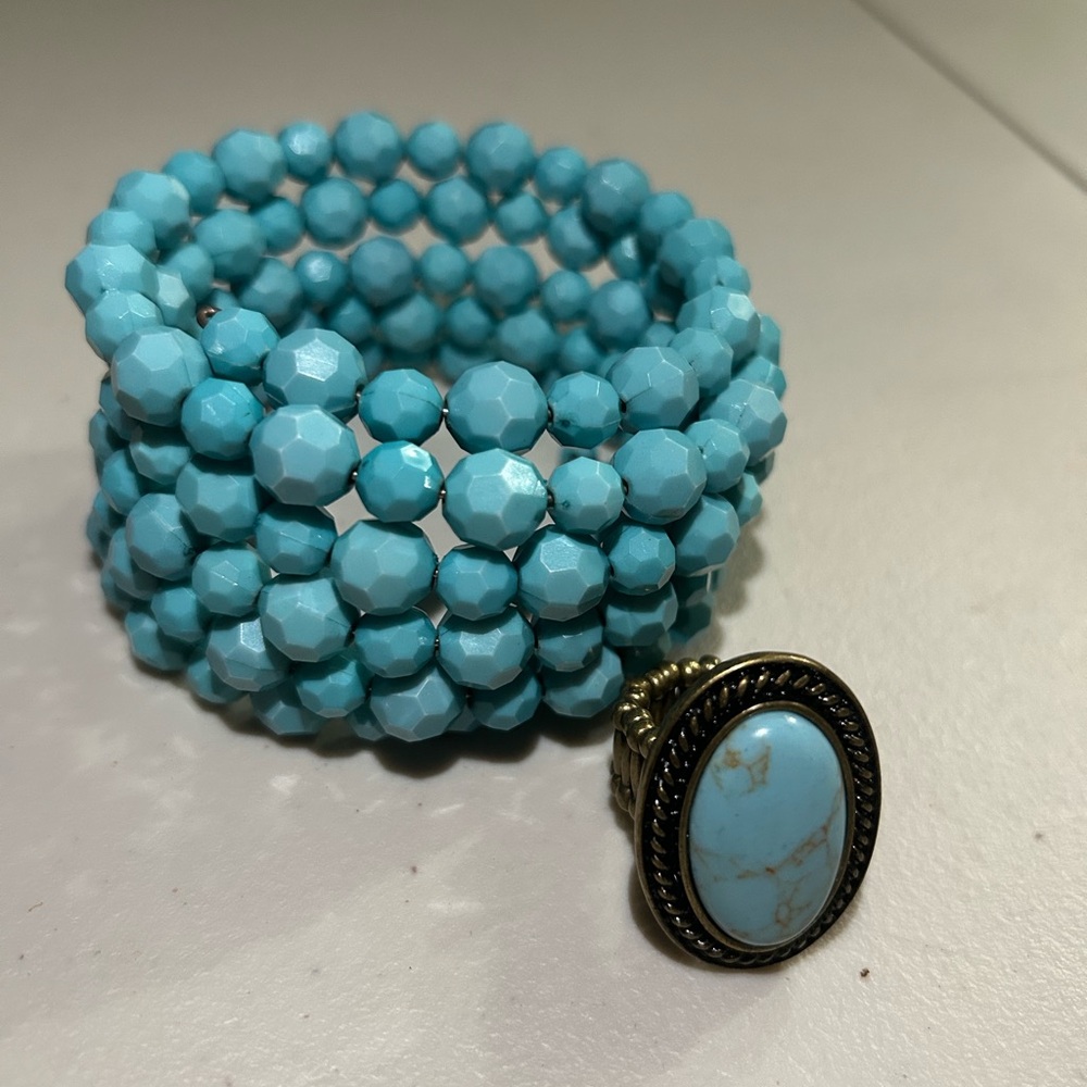 Turquoise Beaded Bracelet and Ring Set